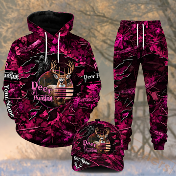 Maxcorners Hunting Dark Pink Woodland Camo Deer Pattern Personalized 3D Combo Hoodie, Sweatpants Set & Cap