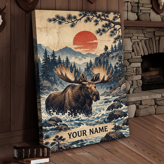 Maxcorners Moose Hunting Red Sun Pine Forest Personalized Canvas Wall Art