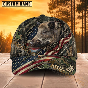 Maxcorners Wild Boar Hunting American Flag Woodland Camo Personalized Name 3D Cap