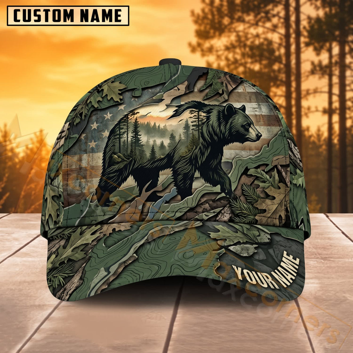 Maxcorners Wild Boar Hunting Green Forest Camo Personalized Name 3D Cap