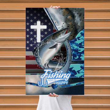 Maxcorners Salmon Fishing Faith Cross American Flag Design Personalized Name 3D Poster