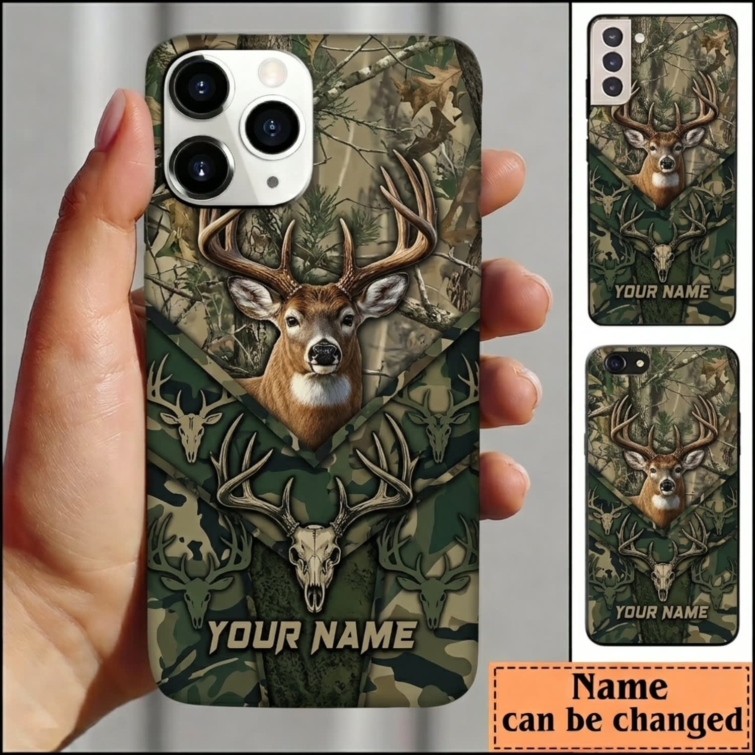 Maxcorners Hunting Deer Antlers Dark Woodland Camo Personalized Name 3D Phone Case