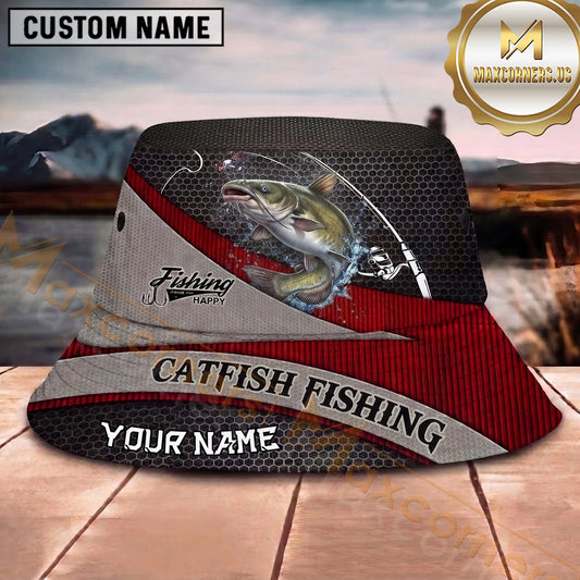 Maxcorners Fishing Red Black Honeycomb Angler Personalized 3D Bucket Hat (13 Fish Species)
