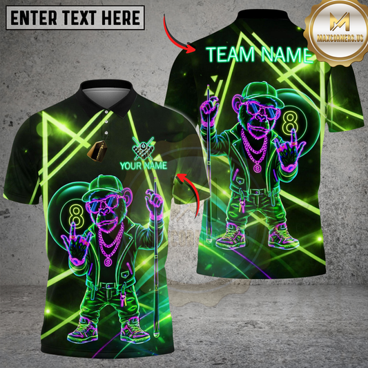 Maxcorners Billiards 8 Ball Neon Monkey Retro Glow Personalized Name Shirt (4 Colors)