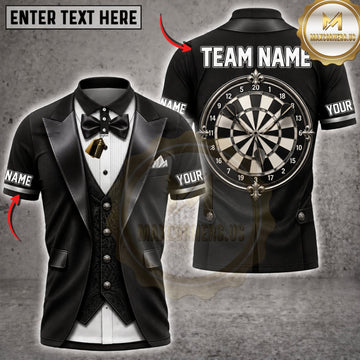 Maxcorners Darts Elegant Black Tuxedo Silver Classic Dartboard Personalized Name 3D Unisex Shirt