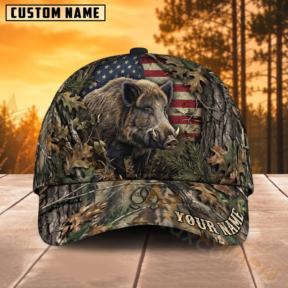 Maxcorners Wild Boar Hunting American Flag Forest Camo Personalized Name 3D Cap