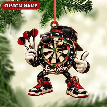 Maxcorners Darts Lover Cool Target Board Character, Cap, Sneakers, Holding Darts Personalized Name Ornament 2D Flat