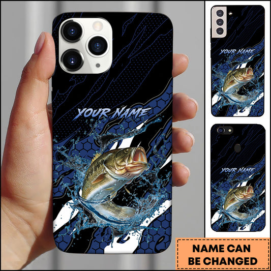 Maxcorners Fishing Phone Case Hexagon Tech Pattern Blue Splash Personalized Name Phone Case (8 Fish Species)