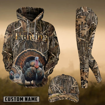 Maxcorners Hunting Wild Turkey Forest Camo 3D Combo Hoodie, Legging Set & Cap