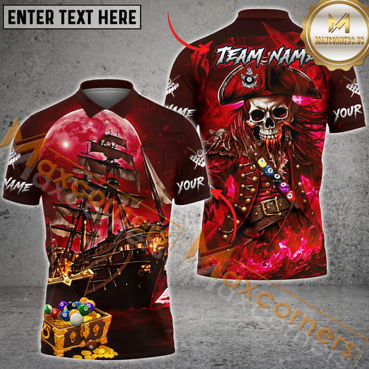 Maxcorners Skull and Ship Design Billiard Jersey Multicolor Options Personalized Name, Team Name 3D Polo Shirt (4 Colors)