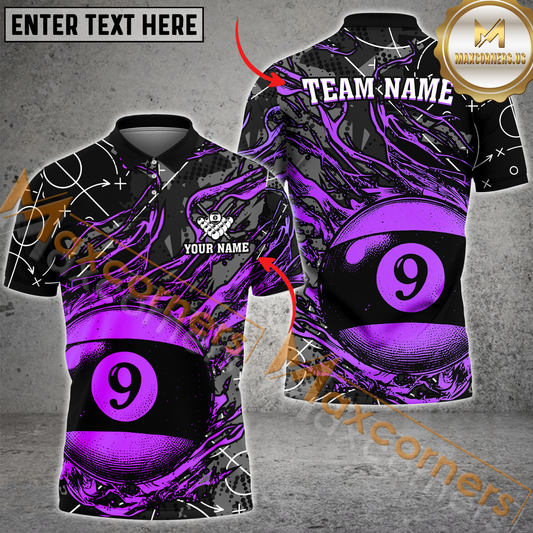 Maxcorners Billiard Ball 9 Flame Vintage Multicolor Options Personalized Name, Team Name 3D Polo Shirt