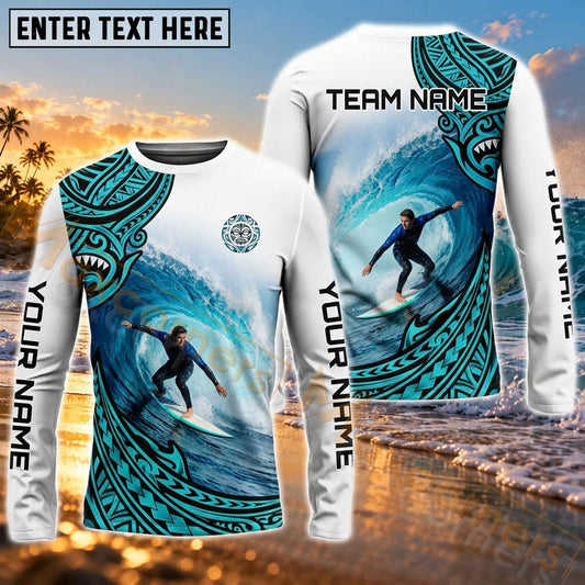 Maxcorners Surfing Style Tropical Ocean Wave Art Customized Name, Team Name 3D Long Sleeve Shirt