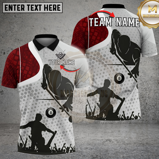 Maxcorners Billiards Polo Shirt Dynamic Cue Player Silhouette Multicolor Options Personalized Name, Team Name 3D Shirt (4 Colors)
