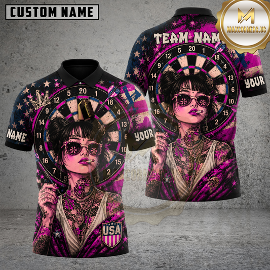 Maxcorners Darts Tattoo Girl USA Flag Multicolor Customized Name, Team Name 3D Shirts