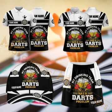 Maxcorners Darts Black White Typography Dartboard Design Personalized Team Sportswear Set - Polo Shirt, Cap & Skorts