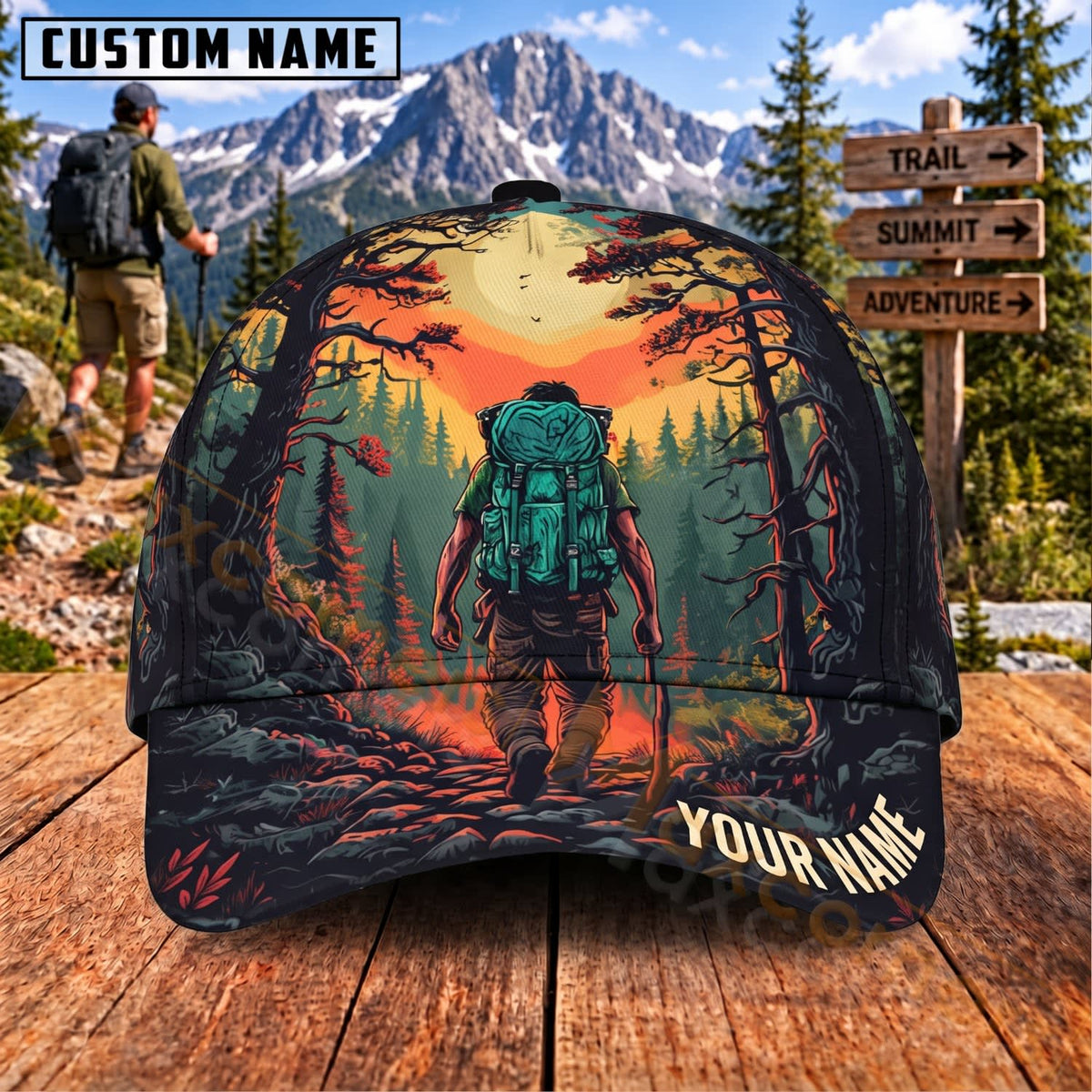 Maxcorners Hiking Sunset Forest Backpacker Adventure Personalized Name 3D Cap