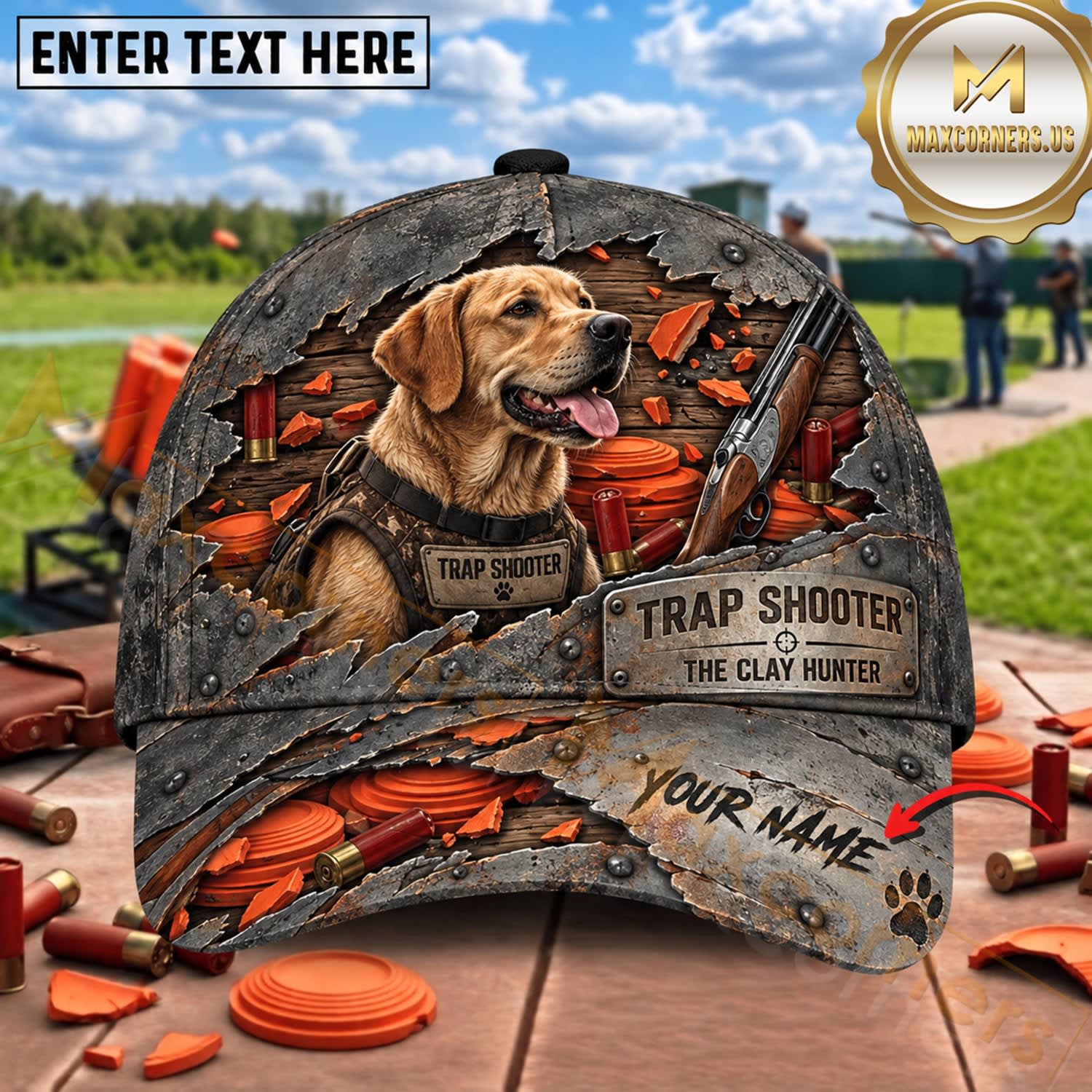 Maxcorners Distressed Metal Labrador The Clay Hunter Trap Shooting Personalized Name 3D Cap
