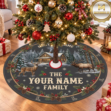 Maxcorners Hunting Deer Family Christmas Forest Personalized Name 3D Christmas Tree Skirt