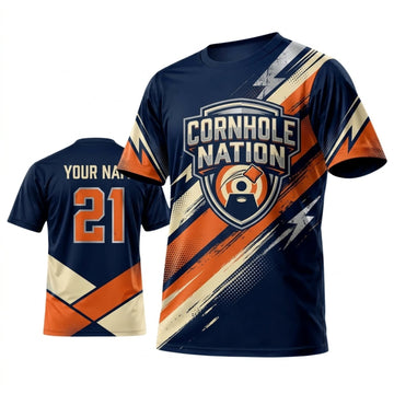 Maxcorners Cornhole Nation Navy Orange Emblem Personalized Name 3D Unisex Shirt