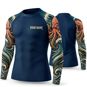 Maxcorners Personalized Ocean Tattoo Navy Shirt with Golden Ocean Wave Tattoo Sleeves 3D All Over Printed Shirts, Best Gifts for Ocean Lovers