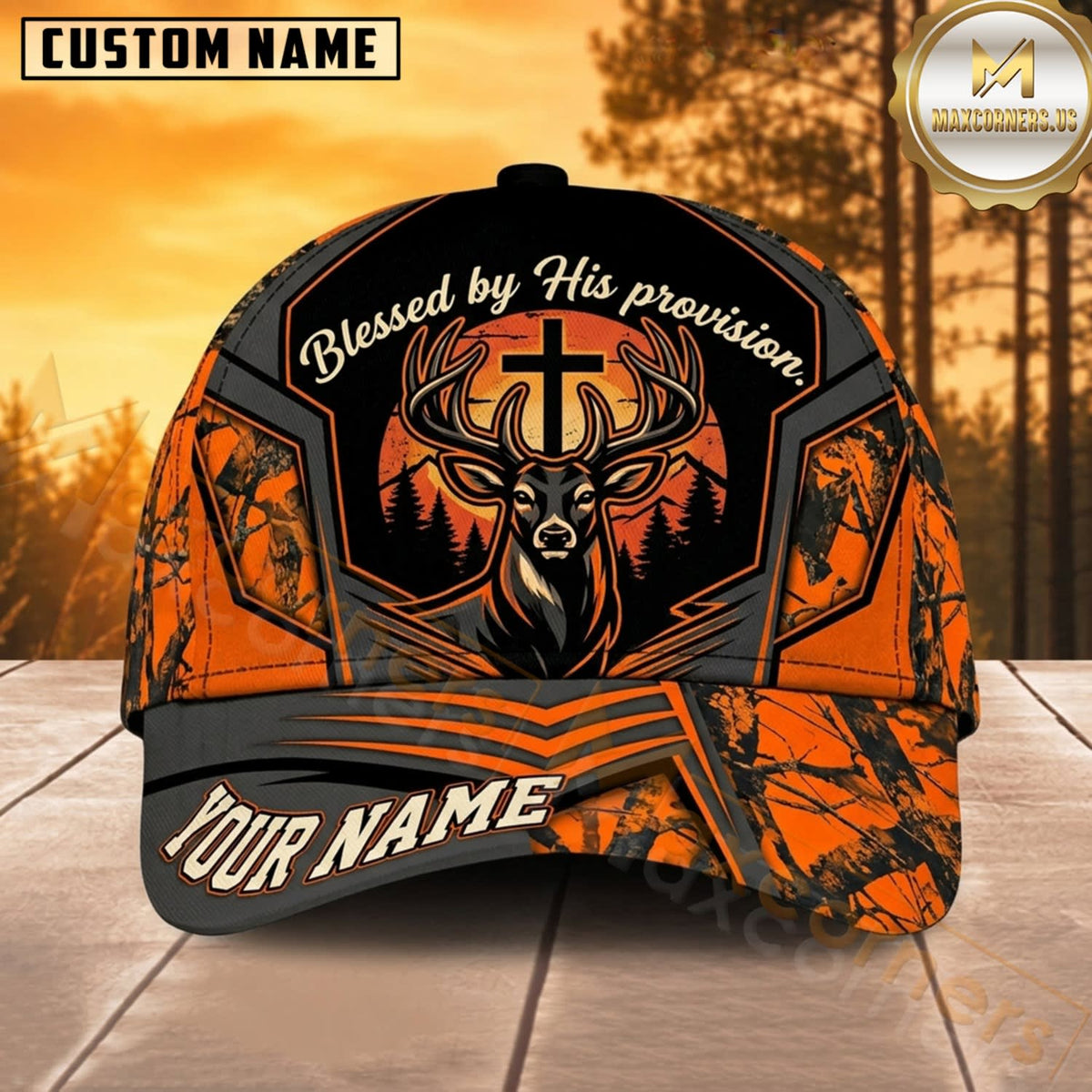 Maxcorners Deer Hunting Whitetail Deer Skull Cross Orange Black Hunting Camo Customized Name 3D Cap