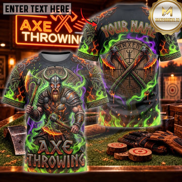 Maxcorners Axe Throwing Green Fire Viking Warrior Personalized Name 3D Unisex Shirt