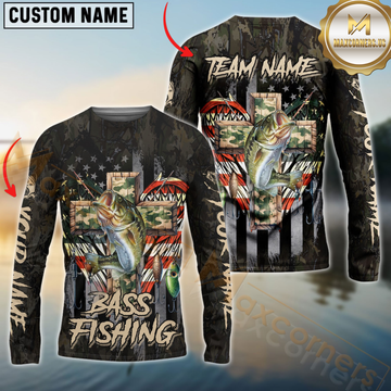 Fishing American Flag Camo Cross Gear  Pattern Sun Protection Personalized Name, Team Name Long Sleeve Shirt