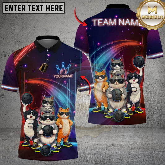 Maxcorners Bowling And Pins Cat Gang Customized Name, Team Name 3D Shirt (4 Colors)