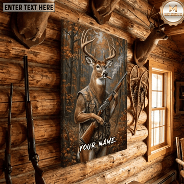 Maxcorners Deer Hunting Buck Hunter Vest Rifle Cigar Funny Autumn Forest Canvas Wall Art