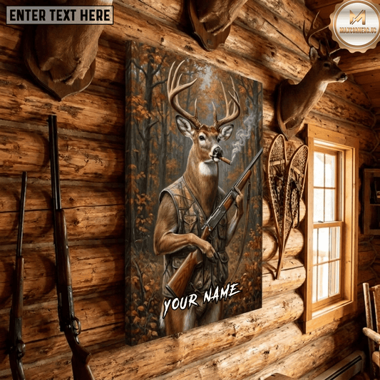 Maxcorners Deer Hunting Buck Hunter Vest Rifle Cigar Funny Autumn Forest Canvas Wall Art