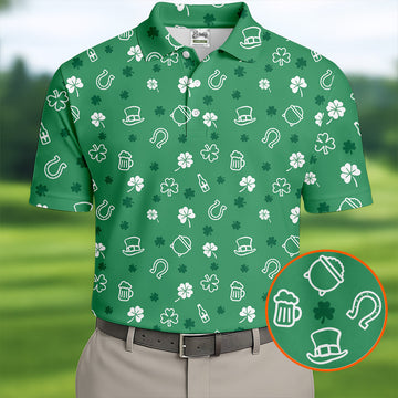 Maxcorners Leprechaun Hat Shamrock Beer Seamless Pattern St. Patrick’s Day Golf Shirt, Polo Shirts For Men, Golf Shirts For Men