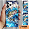 Maxcorners Bass Jumping Out Of Ocean Wave Blue Splash Art Personalized Name Phone Case