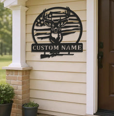 Maxcorners Personalized Deer Hunting Metal Sign WITH LED/WITHOUT LED, Rustic Buck Wall Art with American Flag, Cabin & Lodge Decor for Hunters LM0110