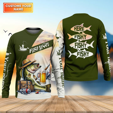 Maxcorners Here Fishy Fishy Funny Fishing Shirt, Fisherman Beer Shirt For Men, Custom Fishing Gift