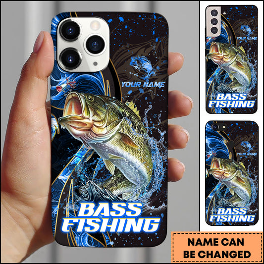 Maxcorners Bass Fishing Blue Flame Smoke Line Premium Style Sport Personalized Name Phone Case