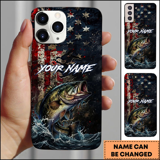 Maxcorners Bass Fishing Phone Case  Vintage USA Flag Grunge Wave Art Personalized Name Phone Case
