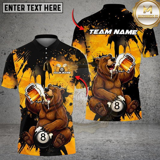 Maxcorners Billiards Ball 8 Happy Beer Bear Customized Name, Team Name 3D Shirt (6 Colors)
