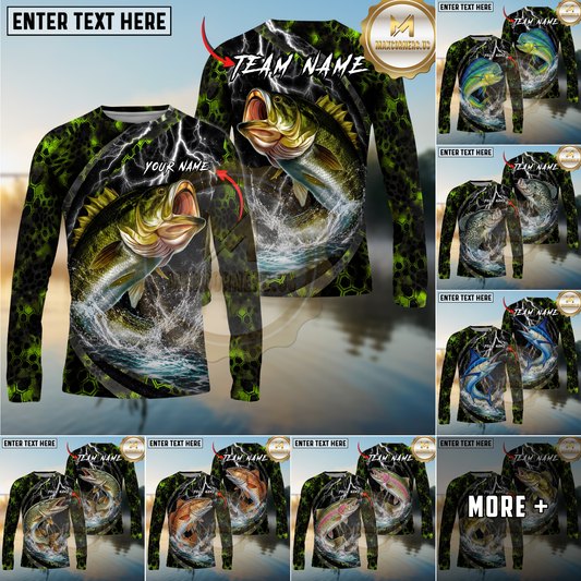 Maxcorners Fishing Lightning Hexagon Personalized Name, Team Name Long Sleeve Shirt (9 Fish Species)