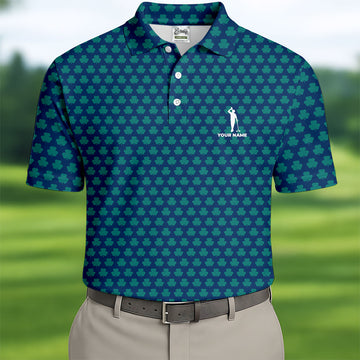 Maxcorners Three Leaf Clover Seamless Pattern St Patrick's Day Golf Shirt, Polo Shirts For Men, Golf Shirts For Men