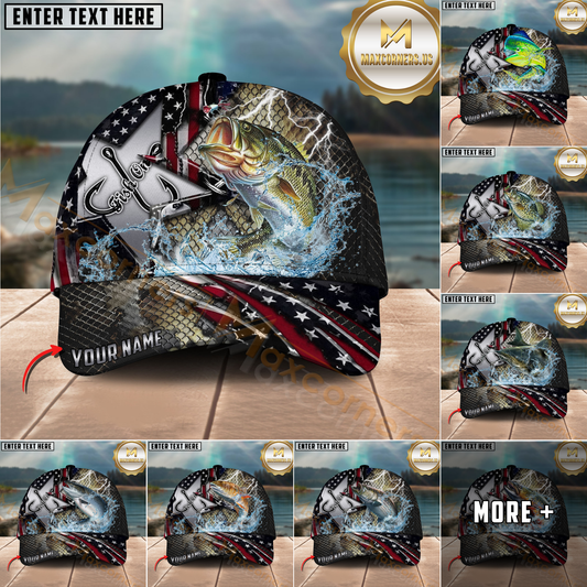 Maxcorners Fishing Vintage Hook Patriotic Style Personalized 3D Cap (13 Fish Species)