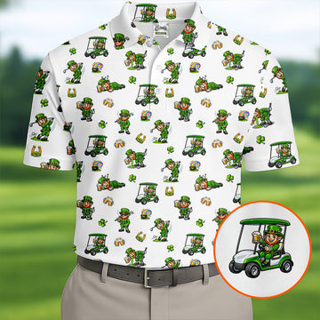 Maxcorners St Patrick's Day Leprechaun Golf And Beer Golf Pose Shamrock Golf Shirt, Golf Shirts For Men