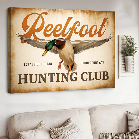 Maxcorners Personalized Retro Reelfoot Hunting Club Canvas Wall Art, Vintage Mallard Duck Sign, Rustic Waterfowl Lodge Man Cave Decor