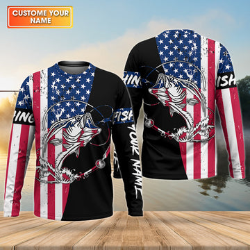 Maxcorners American Flag Fishing Shirt, Personalized Bass Fishing UPF Long Sleeve Shirt for Men