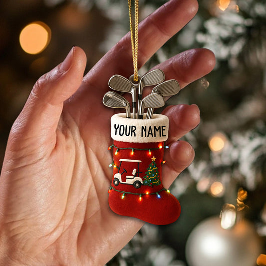 Maxcorners Custom Name Golf Stocking Ornament â€“ Personalized Christmas Ornament for Golf Lovers, Funny Golfer Gift for Men, Golf Cart and Clubs Xmas Decor MT1611