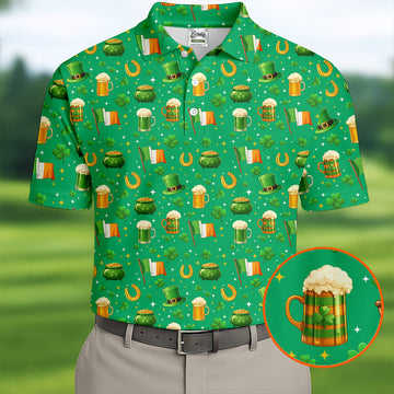 Maxcorners St Patrick's Day Pot Of Gold Leprechaun Hats Irish Flag Golf Tops For Men, Golf Gift For Men, Golf Shirts For Men