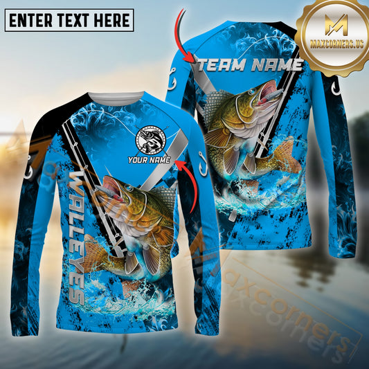Maxcorners Walleyes Fishing Blue Flame Silver Reel Pattern Jersey Personalized Name, Team Name Long Sleeve Shirt