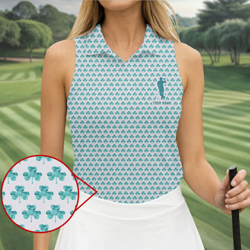 Maxcorners St Patrick's Day Shamrock Golf And Beer Blue And White Golf Shirt, Women's Golf Tops, Ladies Golf Polos