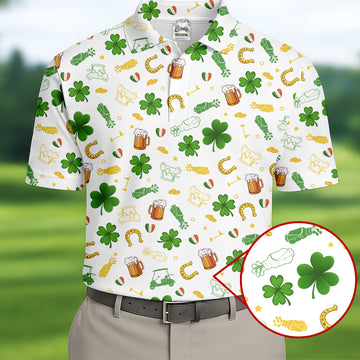 Maxcorners St Patrick's Day Beer Golden Horseshoes Shamrock Golf Shirt, Polo Shirts For Men, Golf Shirts For Men