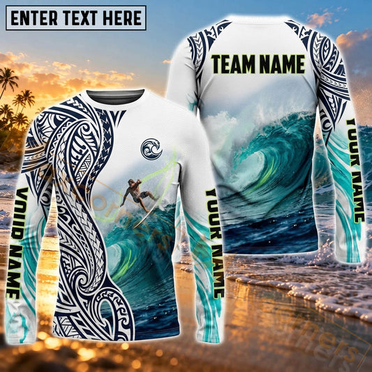 Maxcorners Surfing Shirt Tropical Ocean Wave Art Customized Name, Team Name 3D Long Sleeve Shirt