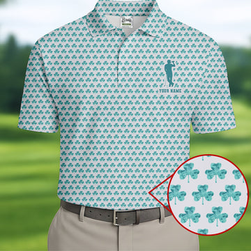 Maxcorners St Patrick's Day Shamrock Golf And Beer Blue And White Golf Shirt, Polo Shirts For Men, Golf Shirts For Men